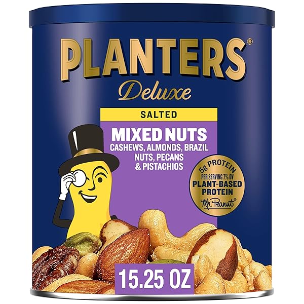 PLANTERS DELUXE SALTED MIXED NUTS, PARTY SNACKS, PLANT-BASED PROTEIN 15.25OZ (1 CANISTER)