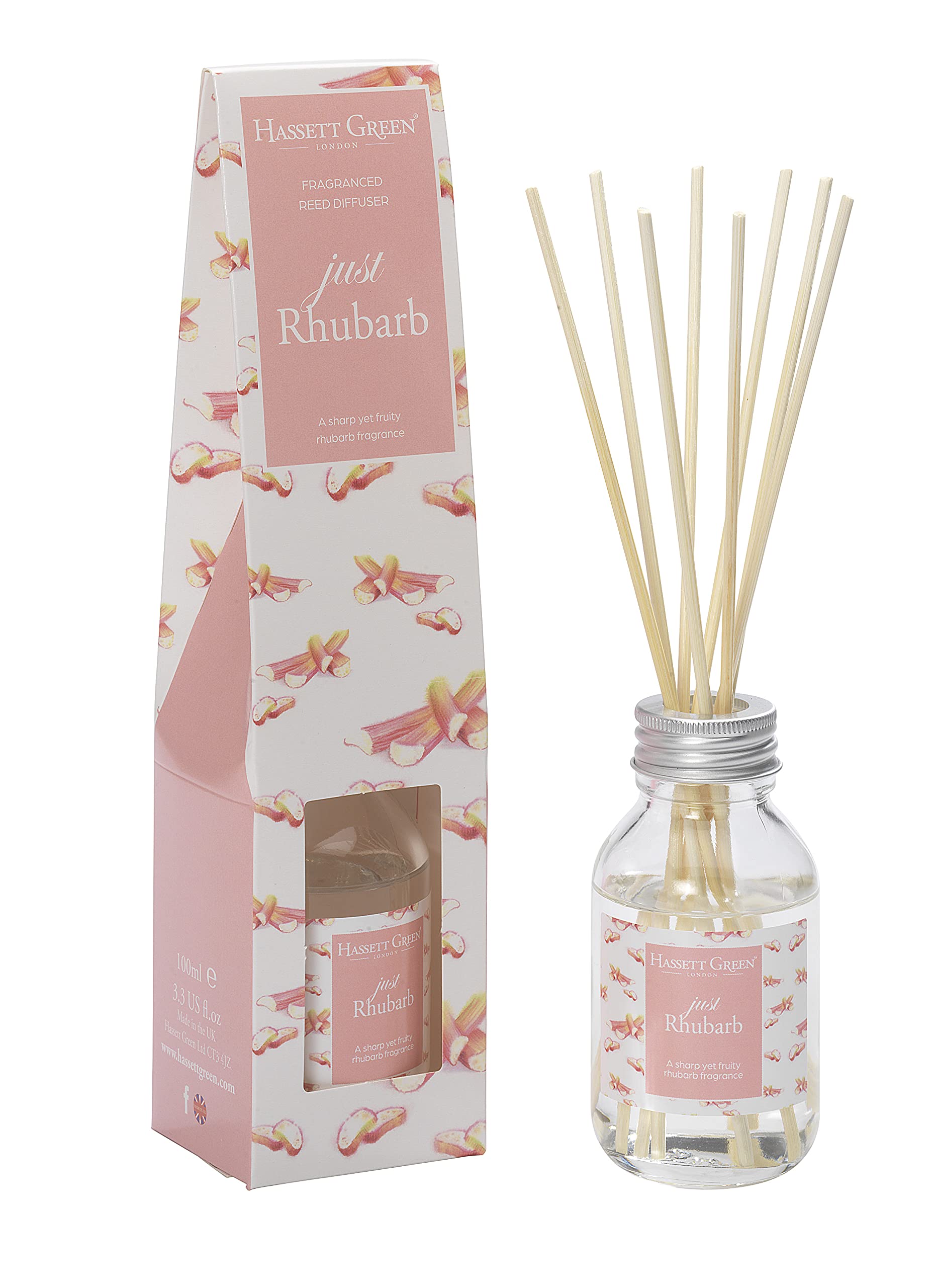 Hassett Green London - Just Rhubarb - Fragrance Oil Reed Diffuser - 100ml Glass Bottle with 8 Rattan Reeds