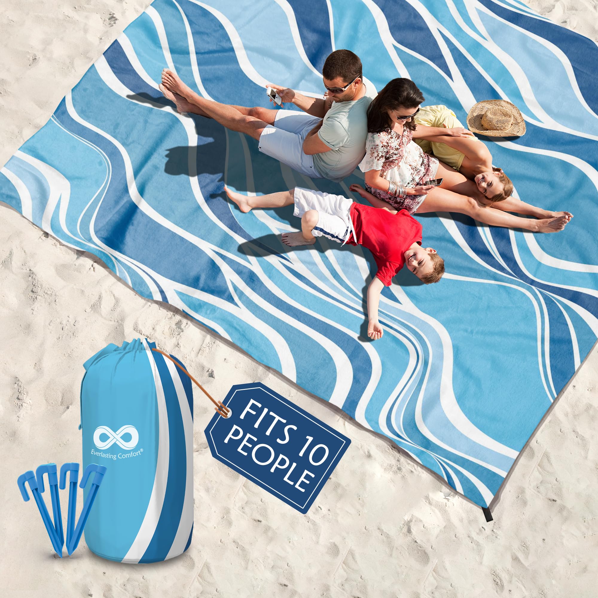 Photo 1 of Everlasting Comfort Extra Large Beach Blanket Waterproof & Sandproof - 128" x 108"/10.7ft x 9ft - Lightweight Beach Mat, Picnic Mat, Camping Blanket for 10 People - Ideal for Festivals - Blue