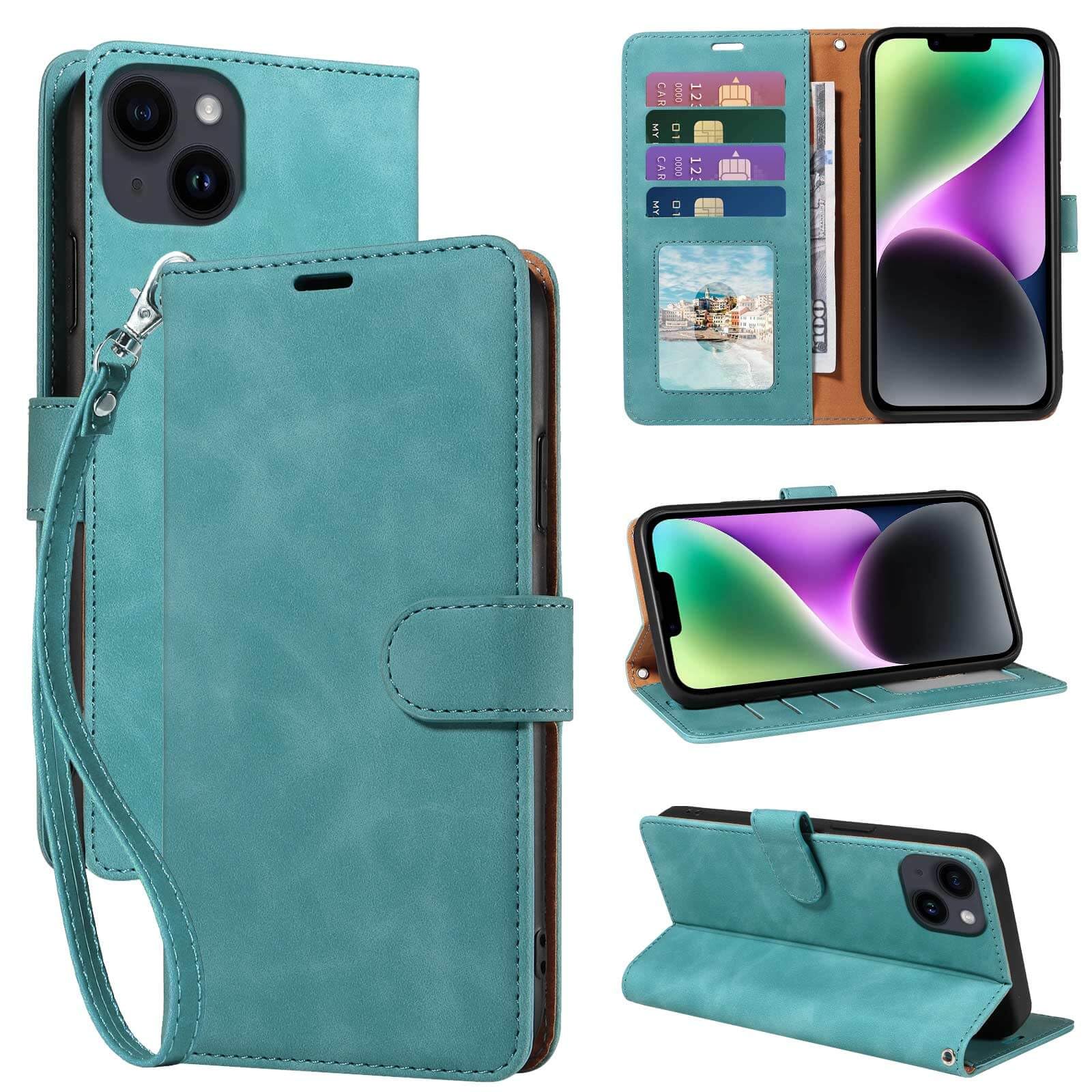 GOTOURED for iPhone 14 Plus Phone Case Wallet, RFID Blocking 4 Card Slots, Wrist Strap, Kickstand, Magnetic Closure, Shockproof Protective Soft Leather Flip Cover (Green)