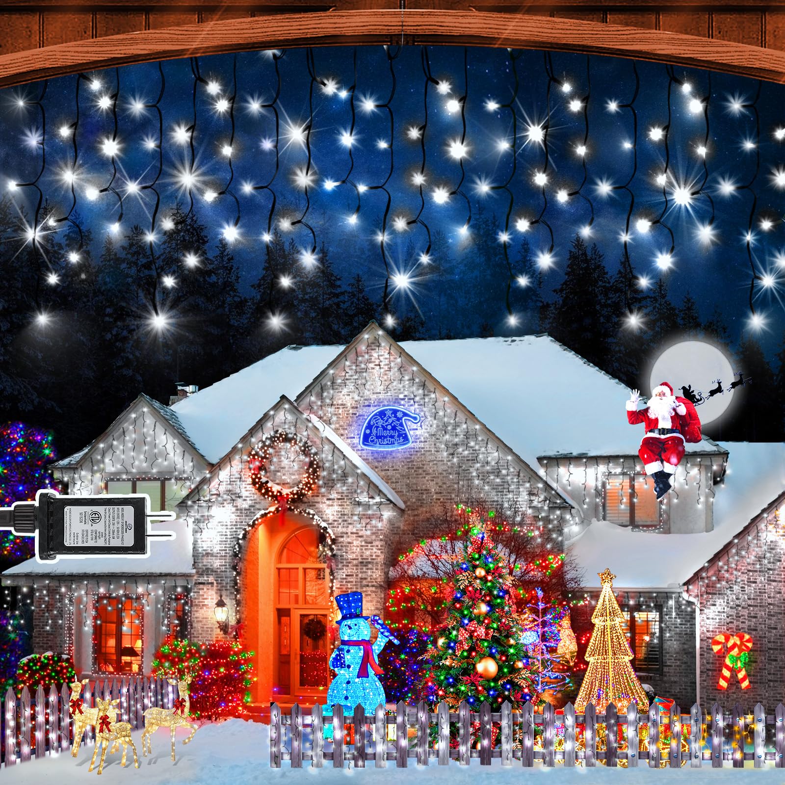 Photo 1 of KNONEW 33FT 400 LED Christmas Lights Outdoor Black Wire String Lights with 75 Drops, 8 Lighting Modes, Timer Memory Function Connectable Hanging Curtain Lights for Halloween Party Decor (Cool White)