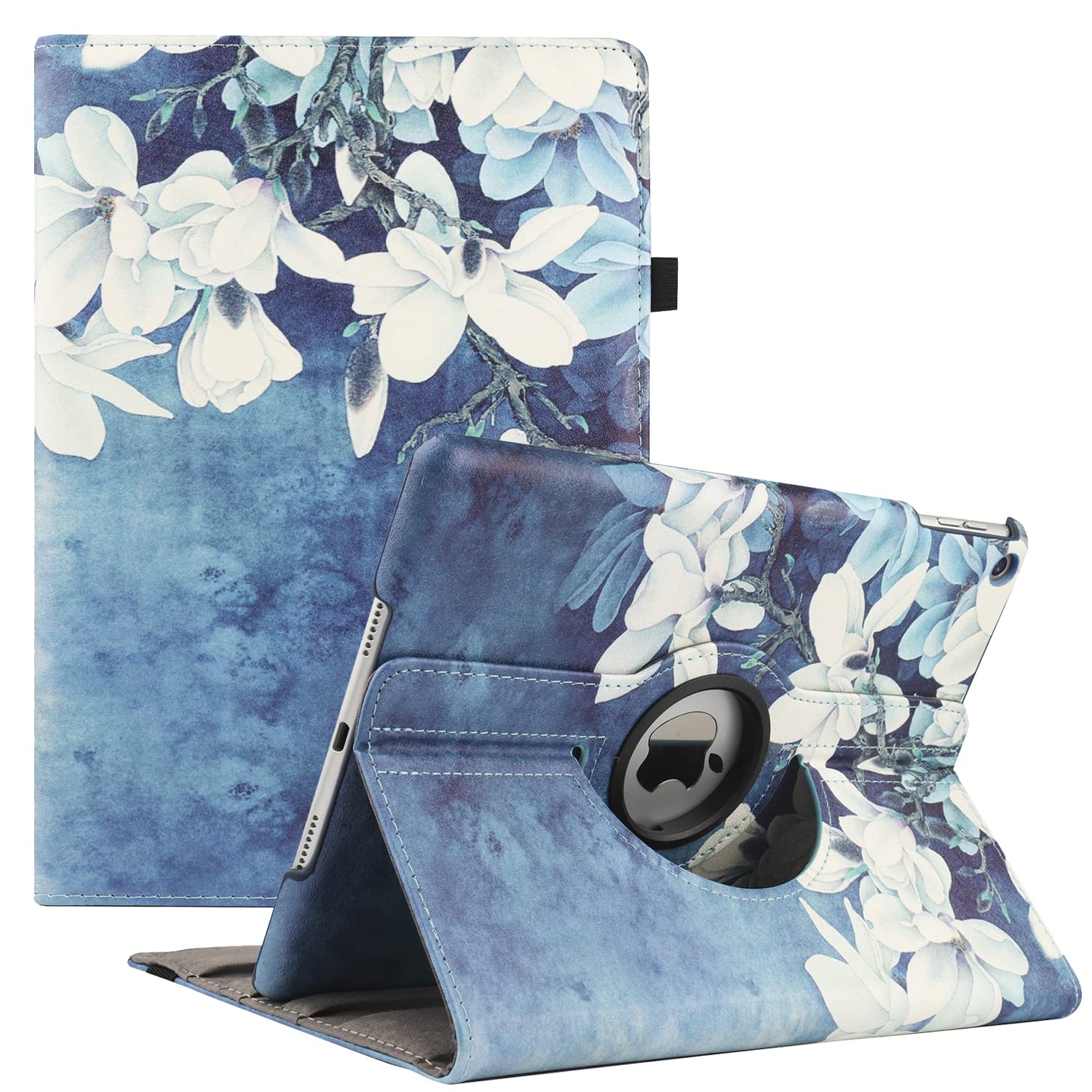 New Rotating Case for iPad 10.2" 9th / 8th / 7th Generation - 360 Degree Rotating Stand Protective Cover with Auto Sleep Wake for iPad 10.2 inch 2021/2020 / 2019 (Blue white flowers)