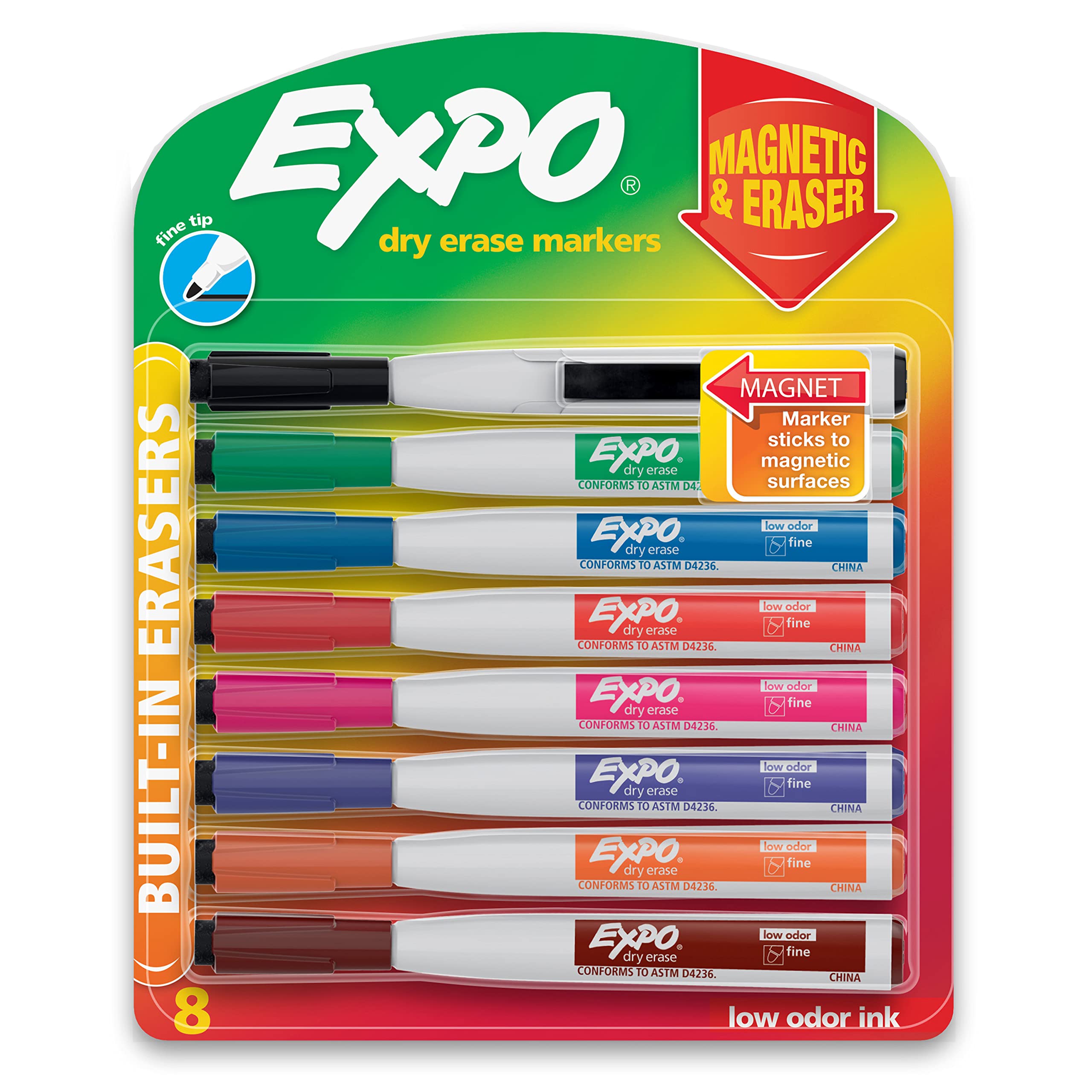 Photo 1 of Expo Magnetic Dry Erase Markers with Eraser, Fine Tip, Assorted, 8 Count
