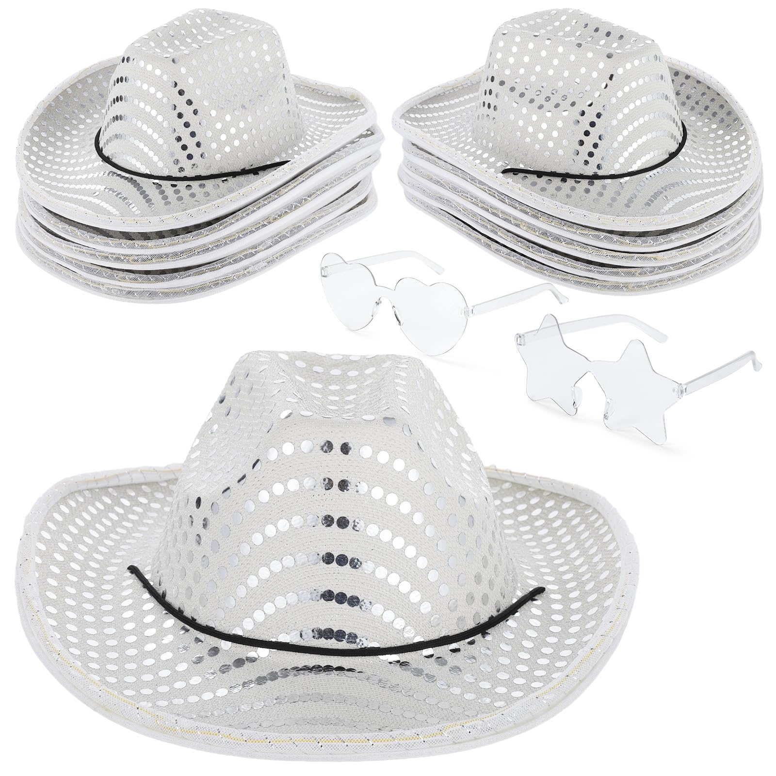 Photo 1 of Lnrueg 10 PCS Cowboy Cowgirl LED Flashing Light Hats Glasses, Cowboy Hats and Heart Star Glasses for Western Cowboy Costume Role Play Xmas, Cosplay Sequin Hats