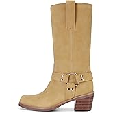 MAIJED Women's Square Toe Pull On Mid Calf Biker Riding Boots Chunky Block Heel Cowboy Western Motorcycle Booties With Buckle Studs
