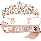 CIEHER Princess Crown and Birthday Sash Set - Tiara for Women, Girls Birthday Decorations and Gifts - Rose Gold