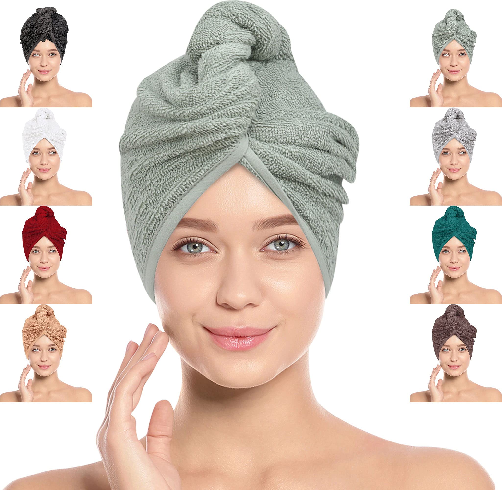 LOOMKNIT Hair Towel Wrap Lightweight Turban, Instant Drying 100% Cotton Hair Cap Super Quick Absorbent Anti-Frizz Twist Toweling Dry Hat with Button and Loop for Long Curly Hairs, 61 x 24CM