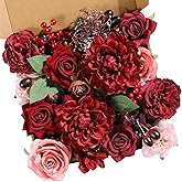 Garisey Artificial Flowers Combo Box Set Burgundy Silk Flowers for DIY Wedding Bouquet Arrangements Bridal Shower Party Home Decorations (Mature Burgundy)