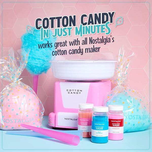 NOSTALGIA COTTON CANDY VARIETY KIT – 3 FLOSSING SUGAR FLAVORS (PINK VANILLA, BLUE RASPBERRY, STRAWBERRY) – 7-OZ BOTTLES, 4 REUSABLE CONES, 10 CLEAR BAGS WITH TWIST TIES – PARTY SUPPLIES