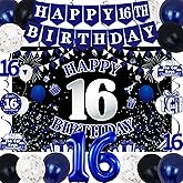16th Birthday Decorations for Boys Girls, Blue Black Happy 16th Birthday Party Decorations, Happy 16th Birthday Backdrop, Foil Balloons 16, Banner, Balloons, Hanging Swirls, Birthday Cards Set 45pcs
