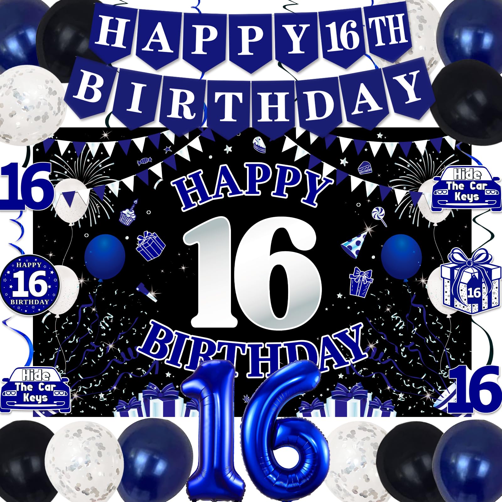 16th Birthday Decorations for Boys Girls, Blue Black Happy 16th Birthday Party Decorations, Happy 16th Birthday Backdrop, 16 Foil Balloons, Banner, Balloons, Hanging Swirls, Birthday Cards Set 45pcs