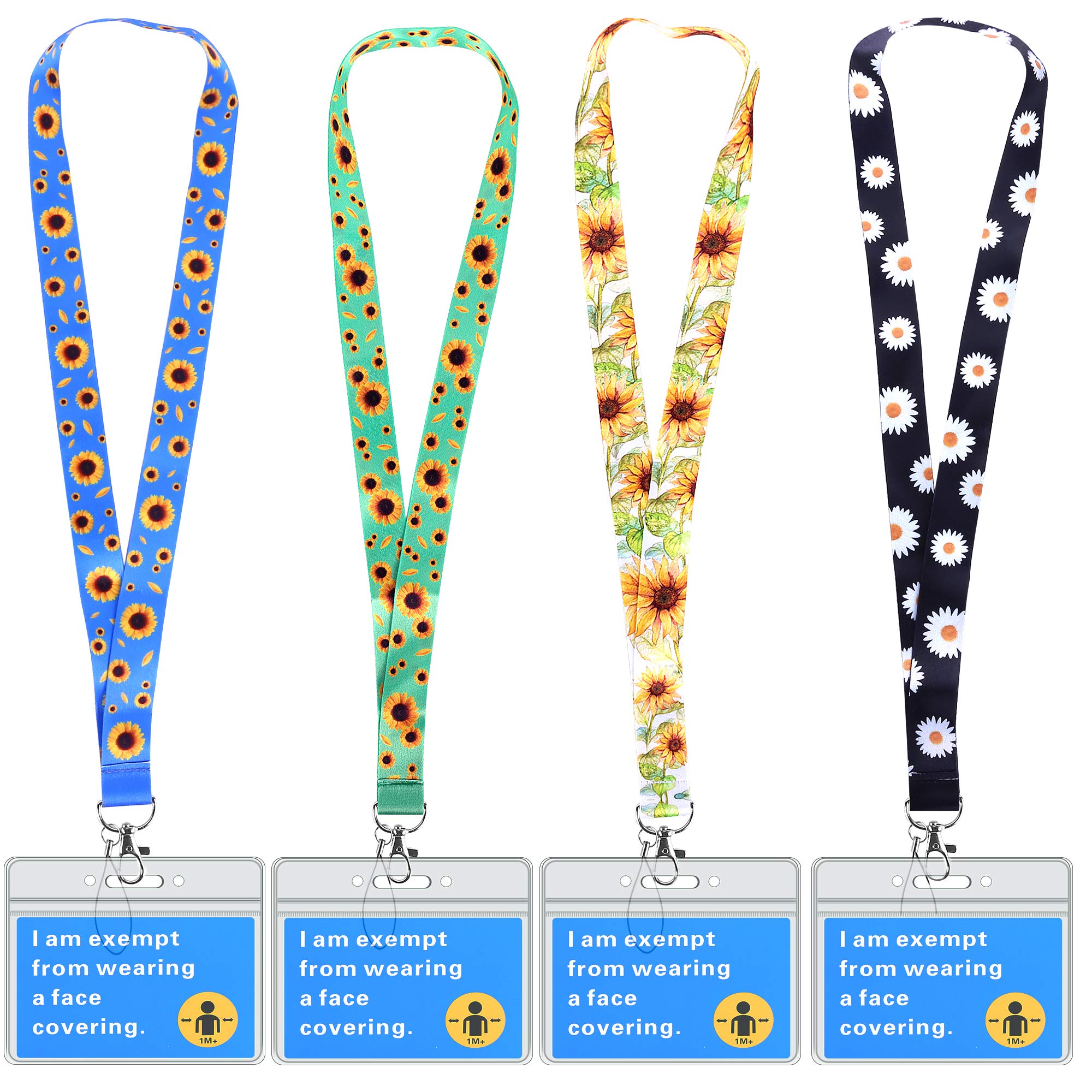Exemption Card Sunflower Neck Lanyard with Card Holder, Includes 4PCS Sunflower Neck Lanyard Straps and 4PCS Transparent Badge Holder 4PCS Exemption Card Sunflower Lanyard Hidden Disability