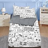 Nesker Twin Zipper Bedding, Gaming Zipper Bedding Sets for Boys, 3pcs All in on one, Computer Games Doodles Gamer Kids Comforter Set with Fitted Sheet and 2 Pillowcases