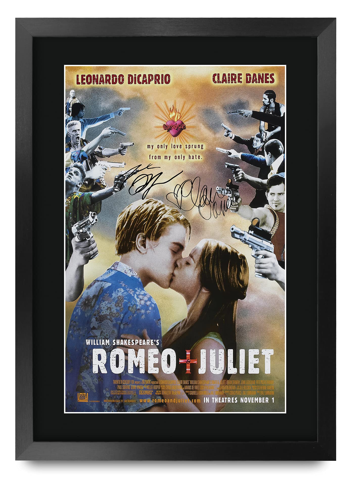 HWC Trading A3 FR Romeo & Juliet Movie Poster Leo DiCaprio Claire Danes Signed Gift FRAMED A3 Printed Autograph Film Gifts Print Photo Picture Display