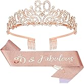 CIEHER 80th Birthday Crown + 80 & Fabulous Sash + Pearl Pin Set, 80th Birthday Decorations for Women 80 Bday Gifts for Women
