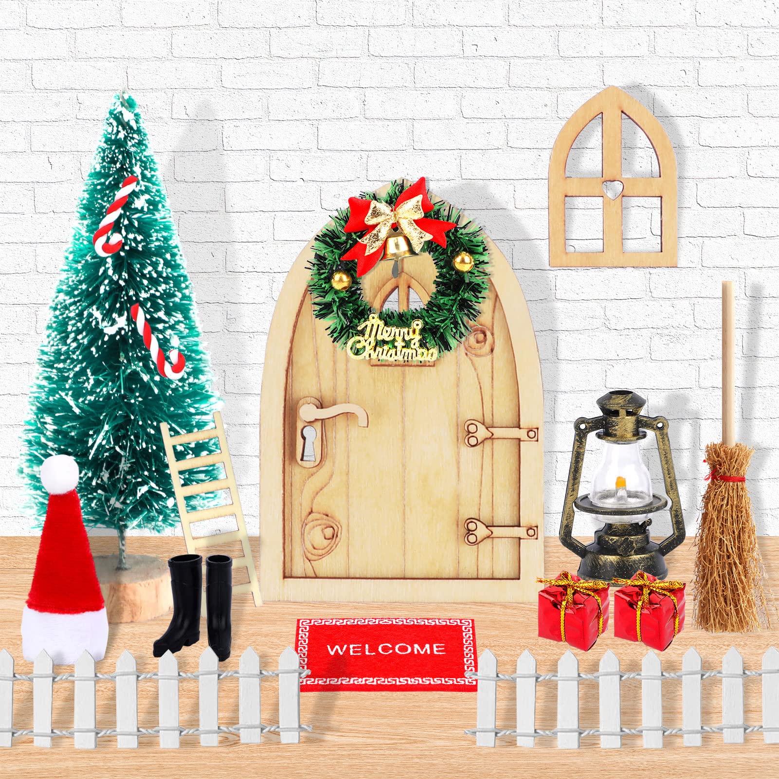 HOWAF 15PCS Mini Christmas Ornaments Dollhouse Miniature, Xmas Tree, Fairy Door Elf Door, Wreath, Broom, Lamp, Garden Tools for Xmas DIY Crafts Miniature Christmas Decorations