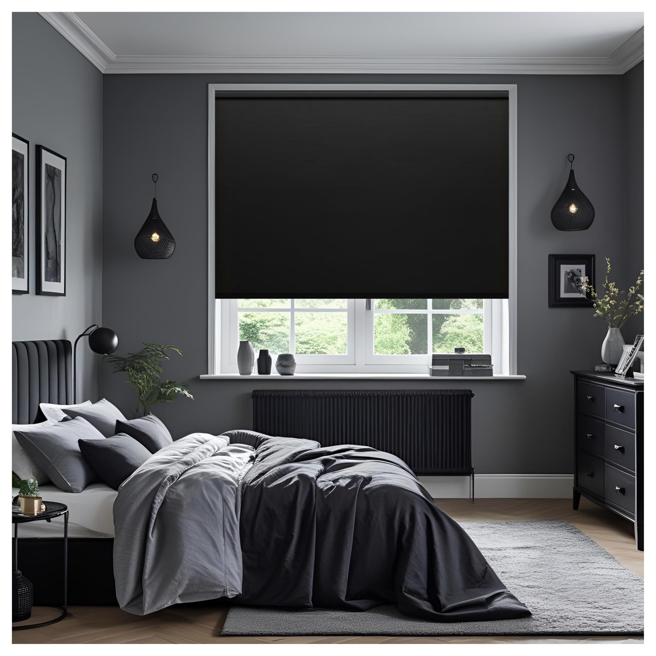 Thermal Insulated Blackout Fabric Roller Blinds, Easy Fit Room Darkening Shades Fittings Included Black (Width 60cm x Length 165cm, Blackout, Black) (BK004)