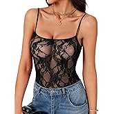 Rooscier Women's Floral Lace Sheer Spaghetti Straps Sleeveless Stretchy Underwire Bodysuit Camisole Tank Tops