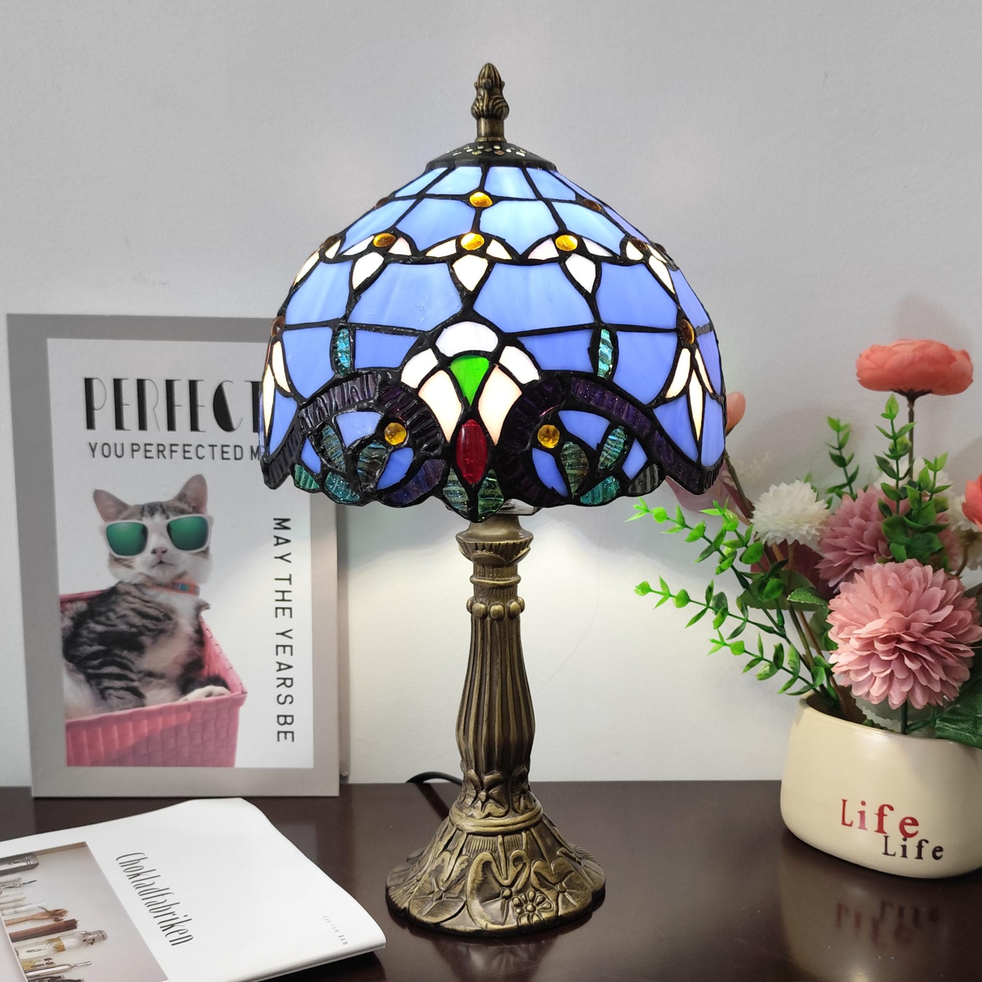 Photo 1 of XPHMXP Tiffany Table Lamp 3-Way Light Handmade Bedside Lamp Small Desk Night Lamp Stained Glass Antique 15inch Tall Desk Light for Home Office Bedroom Living Room Study Room, Blue