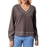 EELOTILE Women's 100% Cotton Retro Sweatshirt V-Neck Long Sleeve Loose Fit Pullover Tops Coffee