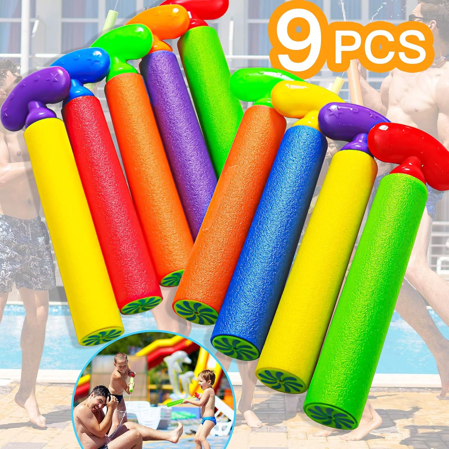 Kidcia Water Gun, 9 PCS Pool Toys,Water Cannon for Kids with arc Handle, 35FT Long Shooting Range Length Squirt Gun for Adults&Kids&Boys&Girls, Blaster Foam Shooter Set Pool Toys in Pool Summer Beach: Toys & Games