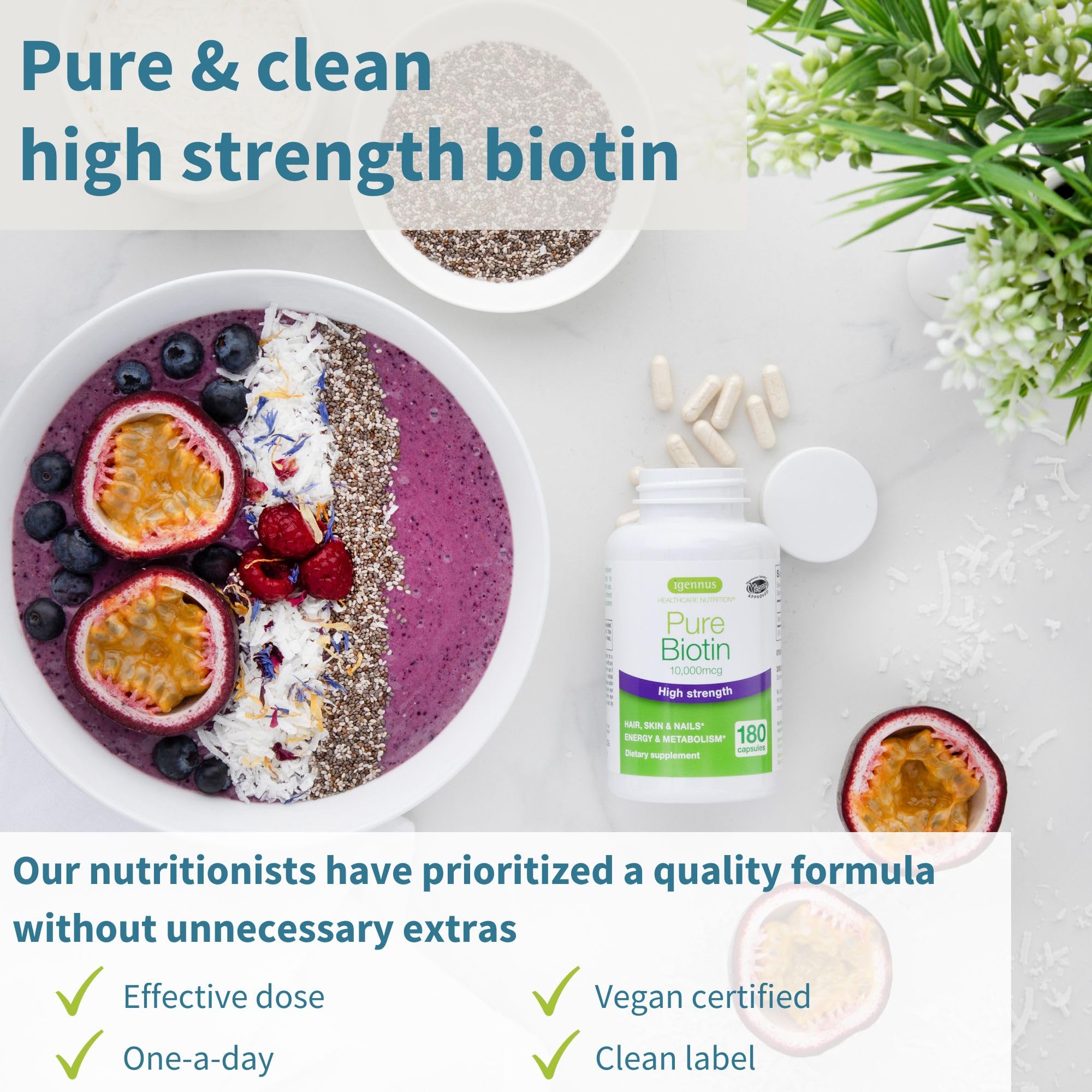 Igennus Clean Biotin 10,000mcg, High Potency Vitamin B7, Lab Verified, Vegan, 1-a-Day, Small Easy to Swallow Capsules, No After Taste or Smell, Hypoallergenic