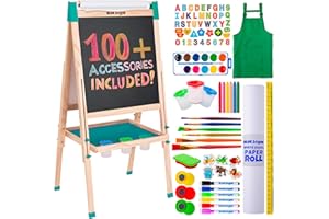 Blue Squid Art Easel for Kids Including 100+ Accessories - Double Sided Adjustable Wooden Painting Easel with Magnetic Chalk Board, White Board and Paper Roll for Toddlers Ages 3,4,5,6,7,8,9,10,12