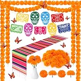 45 Pcs Day of The Dead Decorations Set, 2 Artificial Marigold Garland, 20 Marigold Flower Head,9 Mexican Papel Picado Banner,1 Table Cover,12 Butterfly, 1LED for Dia De Los Muertos Indian Diwali Decor