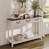 ChooChoo 47" Farmhouse Entryway Table with 3 Drawers and Storage Shelf | Rustic Console Table, Narrow Long Sofa Table for Living Room, Hallway, Behind Couch, Soft White and Brown