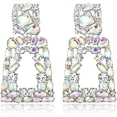 Flyonce Rectangle Dangle Earrings for Women, Rhinestone Crystal Geometric Statement Earring Fashion Jewelry