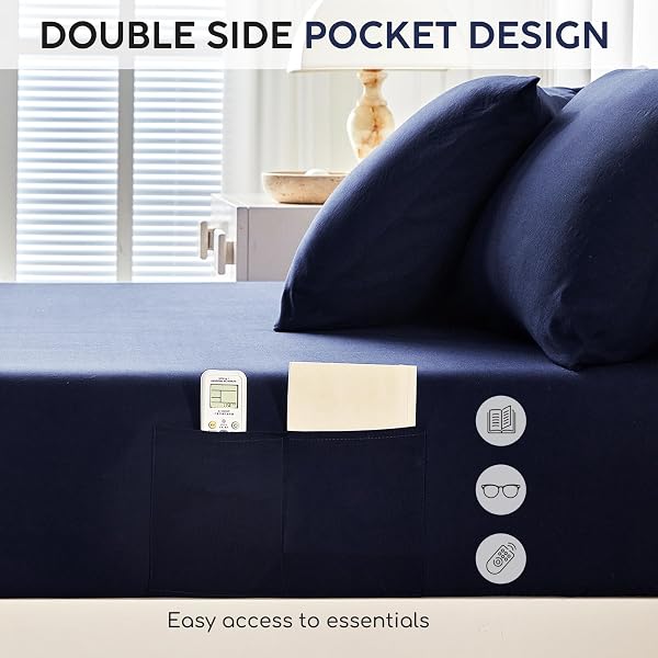TOKOKIMO KING SHEET SET 4 PIECE, SUPER SOFT WASHED COTTON-LINEN FEEL MICROFIBER, 16″ DEEP POCKET FITTED SHEET, 1 FLAT SHEET, 2 PILLOWCASES, BREATHABLE BED SHEETS, NAVY BLUE