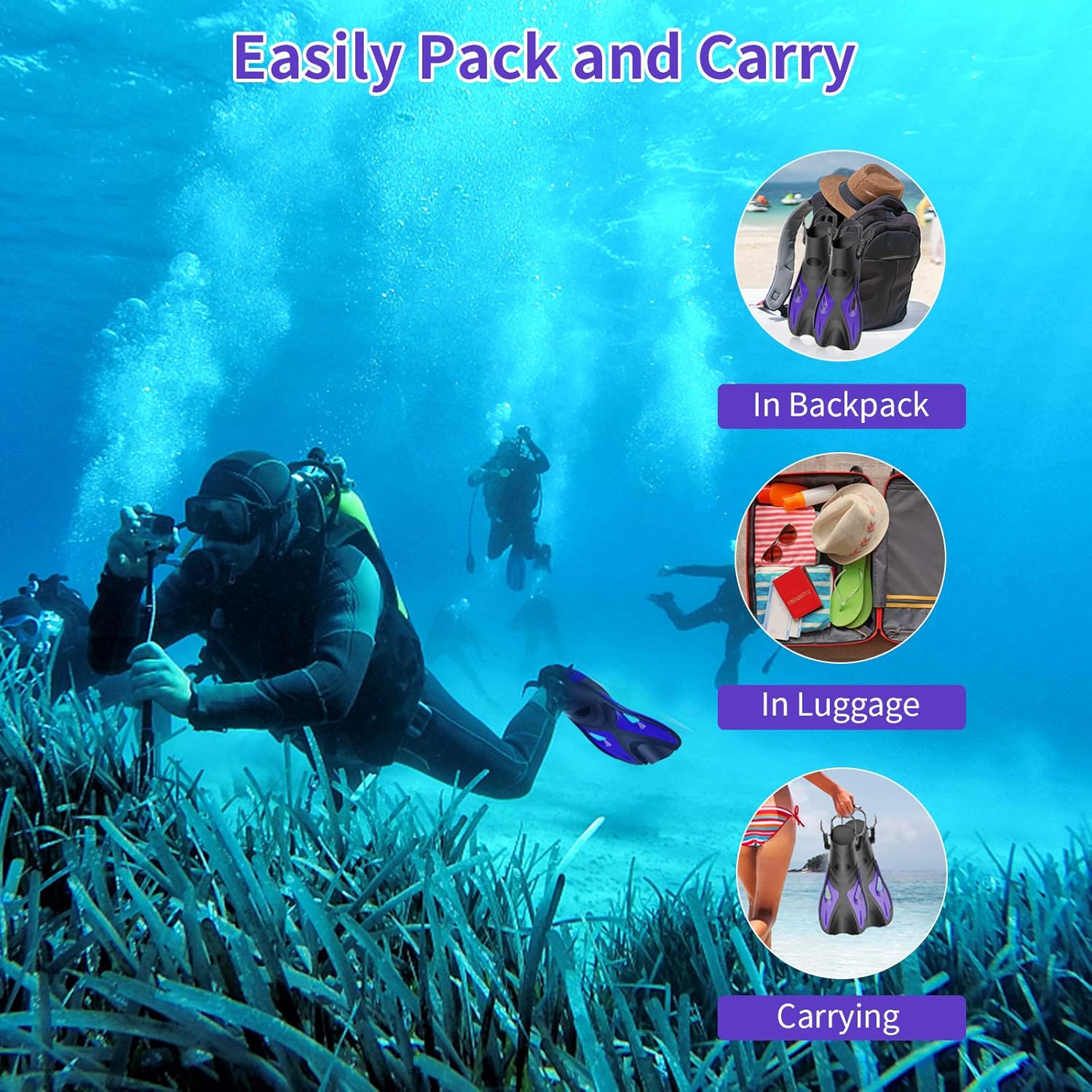 Snorkel Fins, Swim Fins with Adjustable Buckles, Open Heel, Travel Size, Keel Diversion Groove Design for Snorkeling, Scuba Diving, Swimming, Compact Fins for Women and Men : Sports & Outdoors