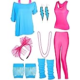Vinsatin 8 Pcs 80s Costume Women Outfit Accessories Set Tee Racerback Legging Pants Anklet Gloves Earring Hairband