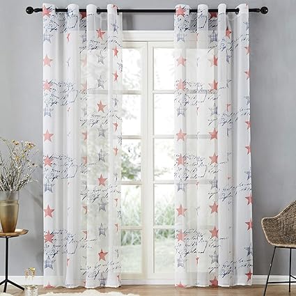 Home Furniture Diy Star Pattern Voile Curtains Eyelet Ring Top