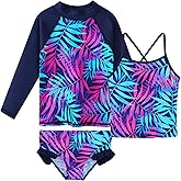Girls 3-Piece Swimsuit Long Sleeve Rash Guard Set Tankini Bathing Suits Sun Protective UV 50+ Beach Swimwear 3-10 Years