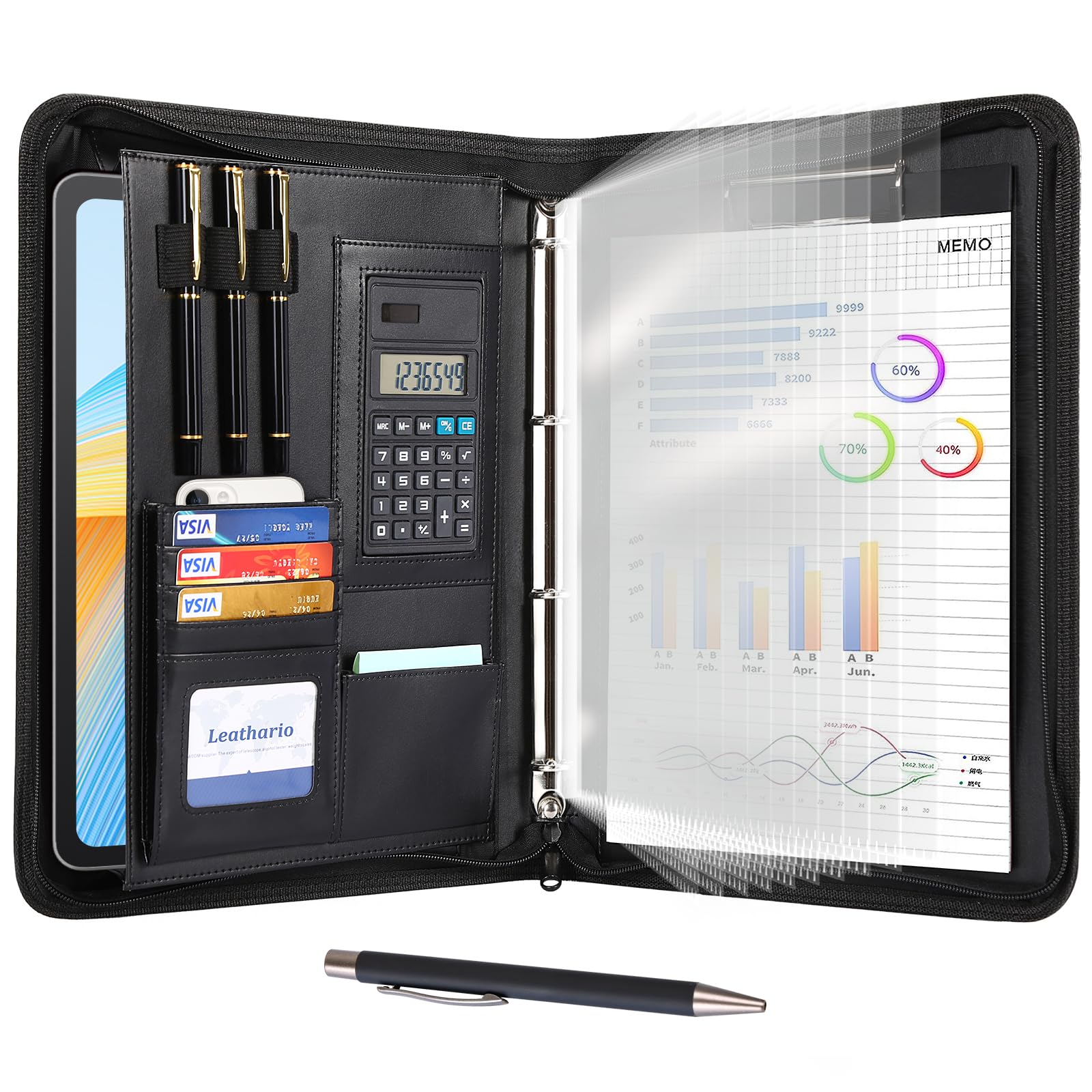 Leathario Portfolio Folder A4, Vegan Leather 4-Ring Conference Folder, Includes 10 Clear Sheet Protectors and a Pen, Multi-Pocket Travel Document Holder, Folder Organiser, Office Supplies