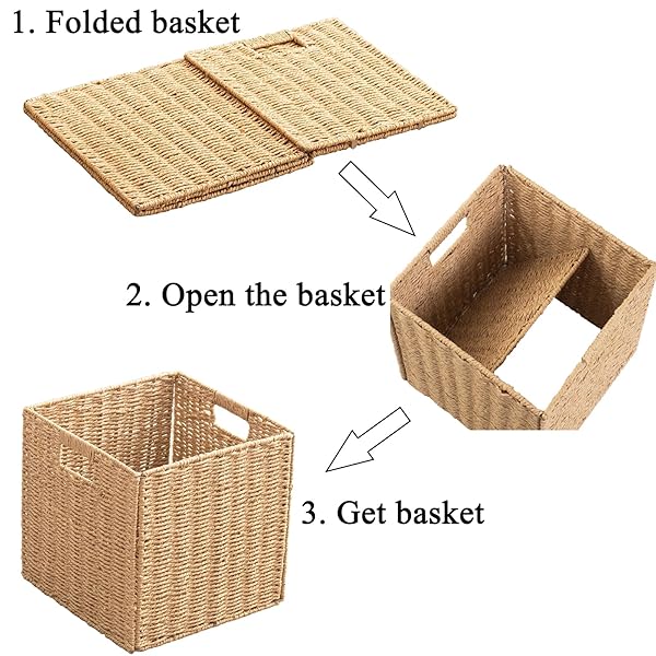 FOLDABLE STORAGE BASKETS WITH HANDLES PAPER ROPE STORAGE BASKETS RECTANGLE COLLAPSIBLE HAND WOVEN STORAGE CUBES BINS FOR ORGANIZING SHELVES LIVING ROOM BEDROOM PANTRY (4, 13” X 13” X 13”)