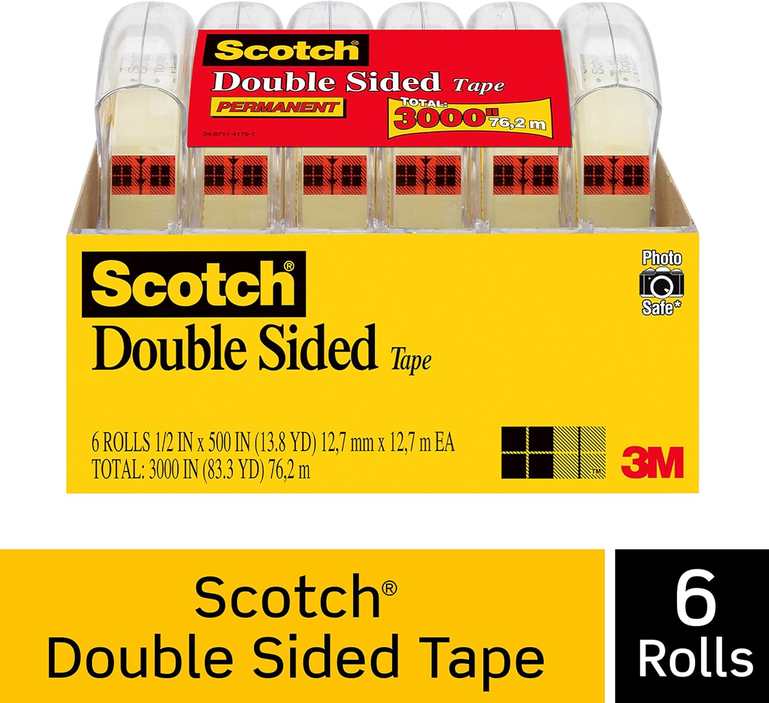Scotch 6137H-2PC-MP Double Sided Tape, No Liner, Strong, Use, 1/2 x 500 Inches, 6 Dispensered Rolls, Single : Clear Tapes : Office Products