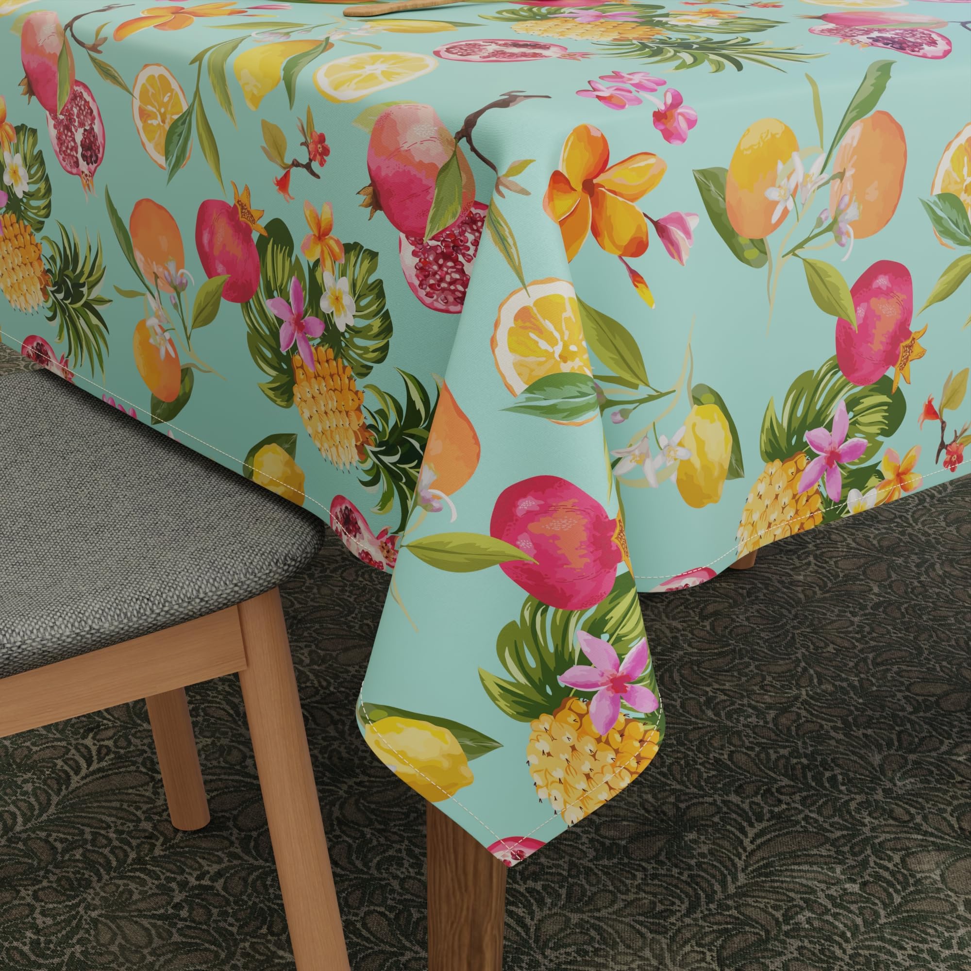 Encasa XO Polyester Printed Tablecloth, Twill Fabric Table Cover, Water Repllelant, Length 140x240 cm for 6 to 8 seater Rectangular Dining Table. Machine Washable, Durable - Pineapple