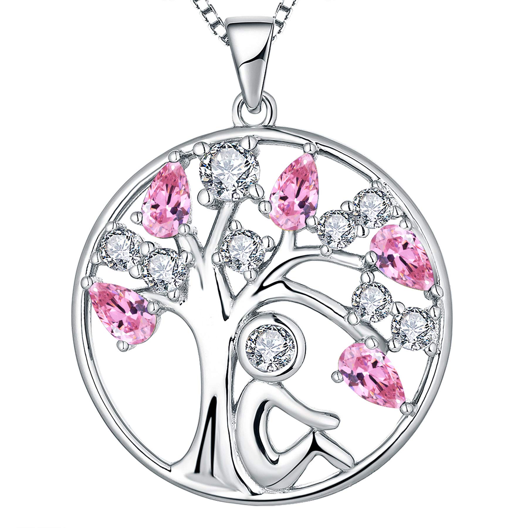 YL Tree of Life Necklace 925 Sterling Silver cut October Birthstone Pink Cubic Zirconia Family Tree Girl Pendant Necklace for Women,45+5CM