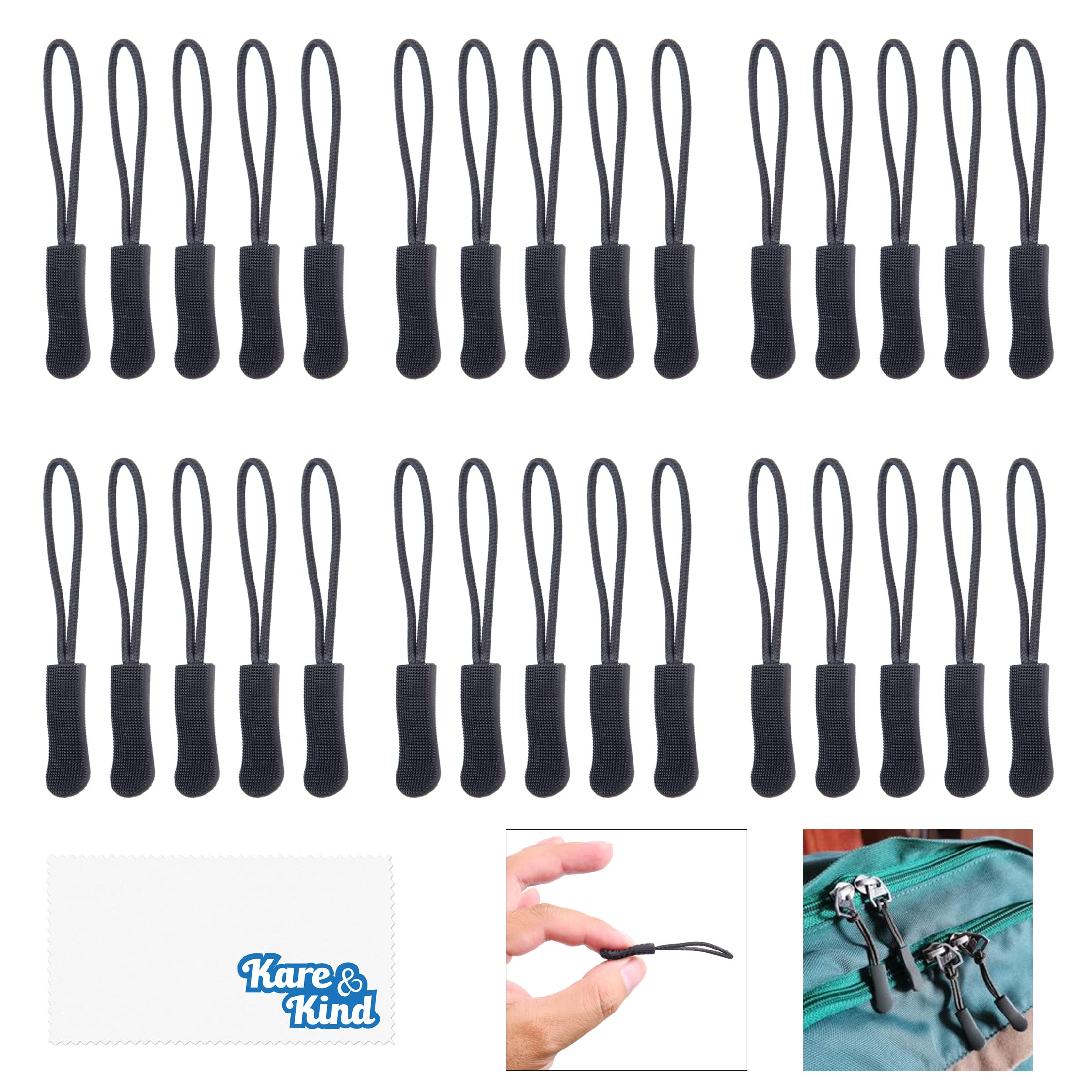 Kare & Kind 30X Zipper Pulls - Nylon Cord with Plastic Pull Extension - Replacement for Broken or Missing Pulls - for Clothing, Jacket, Backpack, Bags, Purses - DIY, Sewing, Tailoring