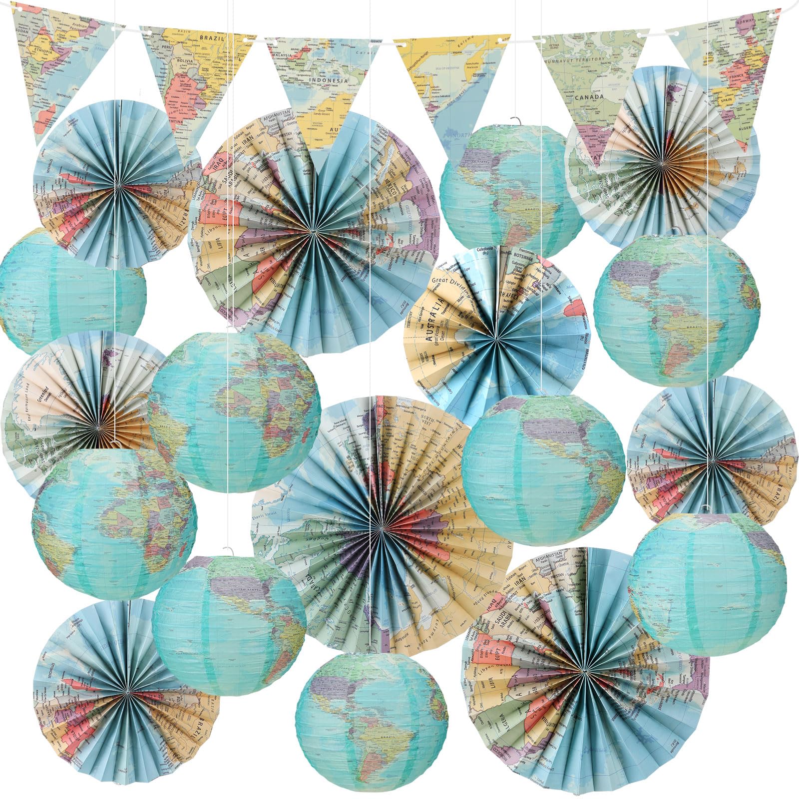 Photo 1 of 19 Pcs World Map Classroom Decorations Travel Themed Party Decor Globes Hanging Paper Lantern Fans Triangle Flags Banner for Classroom Ceiling Decor Back to School Around The World Travel Themed Party
