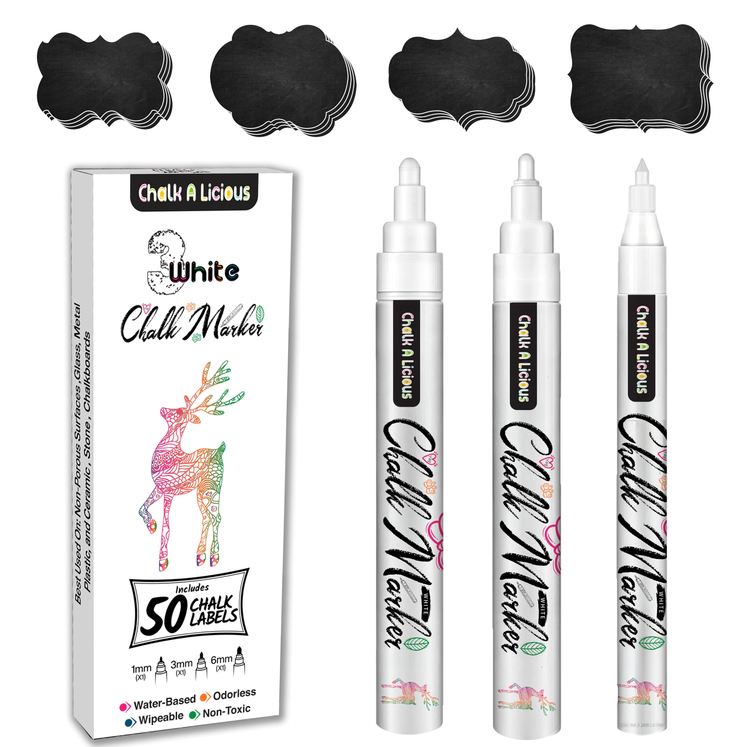 Chalk A licious 3x White Chalk Pens for Blackboards with 50 Black Labels - Liquid Chalk Markers - 1x(1mm,3mm,6mm) - Reversible Tips Bullet & Chisel