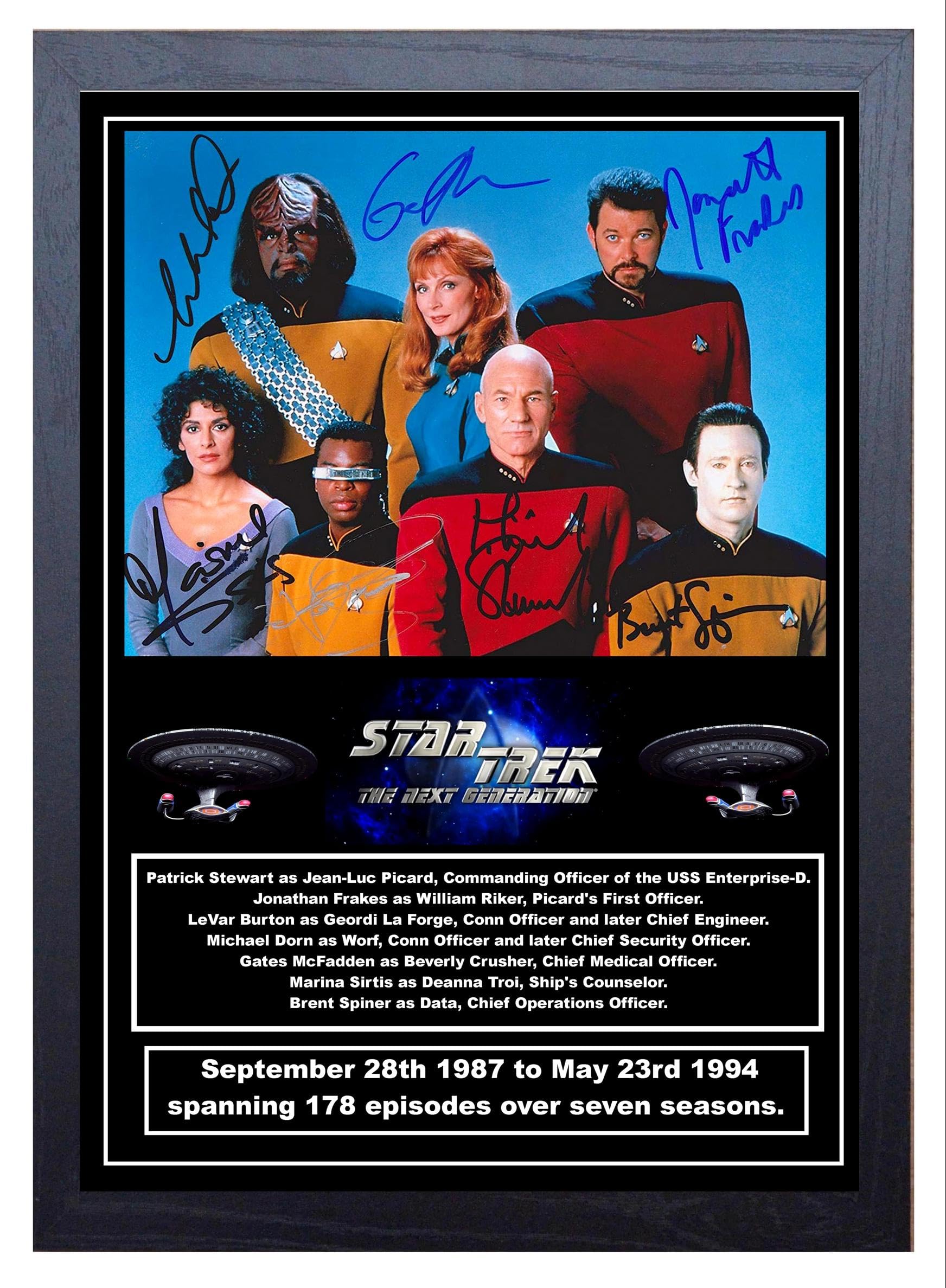 SIGNED BY THE STARS Star Trek The Next Generation Cast Signed (A4 Framed 34cm x 24cm) Art Print for Living Room Decor