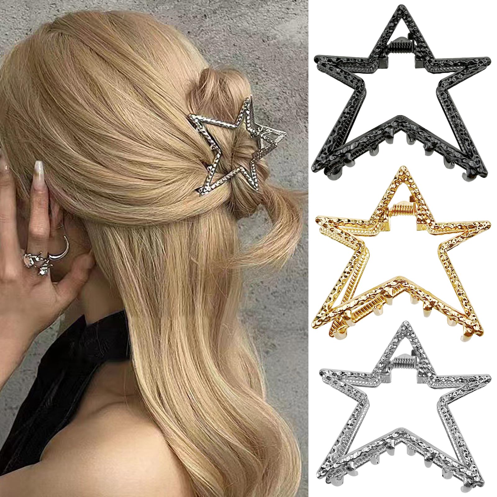 3 PCS Vintage Metal Star Hair Claw,Strong Hold Non-Slip Claw Barrettes Fashion Hair Accessories for Women Girls Thin Thick Hair