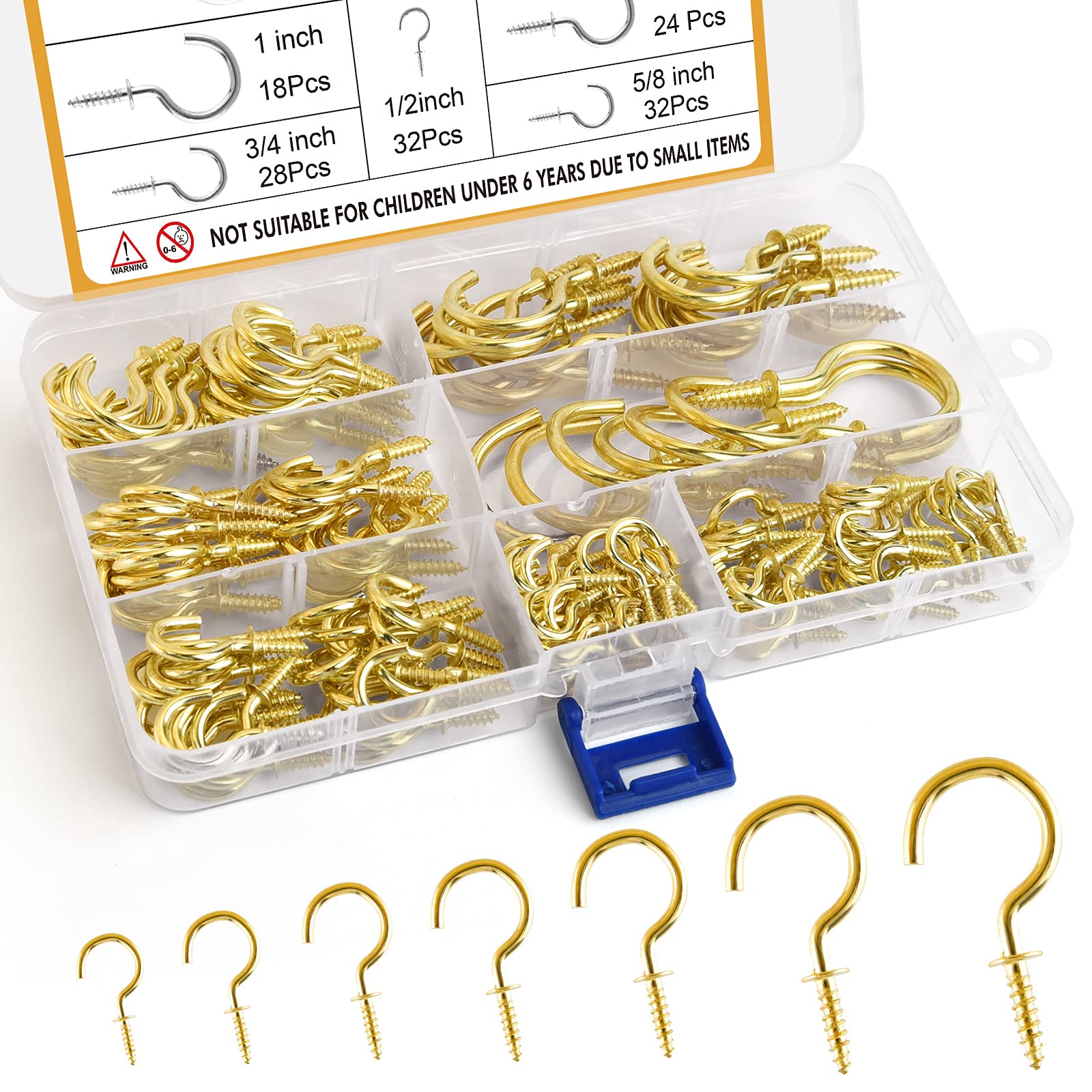 FEPITO 160 Pieces Screw Hooks Ceiling Hooks Gold Multi-Size Plated Copper Metal Screwable Cup Hooks,7 Sizes