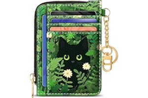 GIANCOMICS Slim Wallet Credit Card Holder Women, Black Cat Flower Rfid Blocking Small Card Case, Keychain Thin Pocket Curved Zipper Wallet, Travel Card Holder PU Leather ID Window, Ladies Female Gift