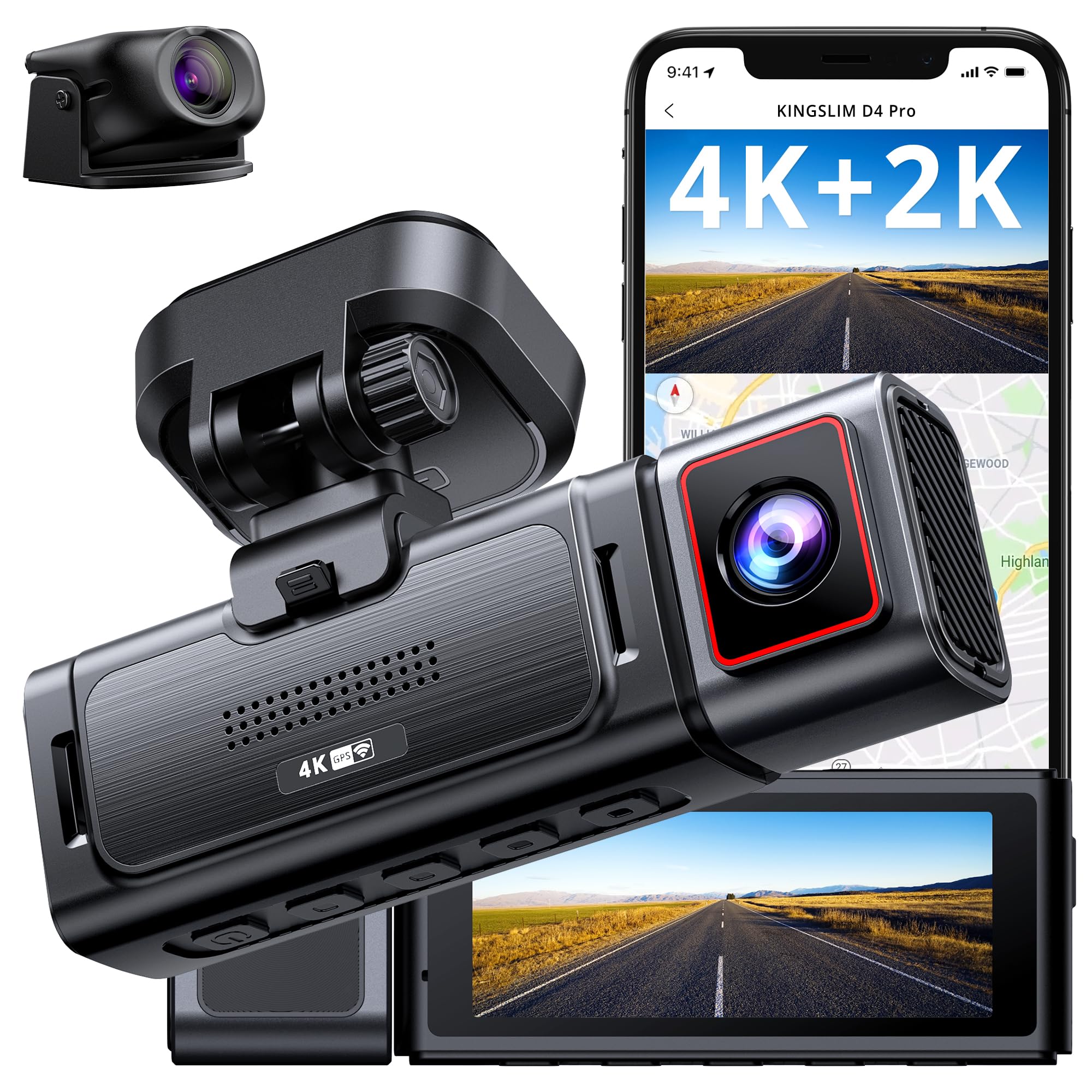 Photo 1 of Kingslim D4PRO Dash Cam Front and Rear - 4K + 2K Dual Car Dashcam with WiFi GPS Dash Camera, Optional Inside Recording, Voice Control, Type C, Support 256GB Max