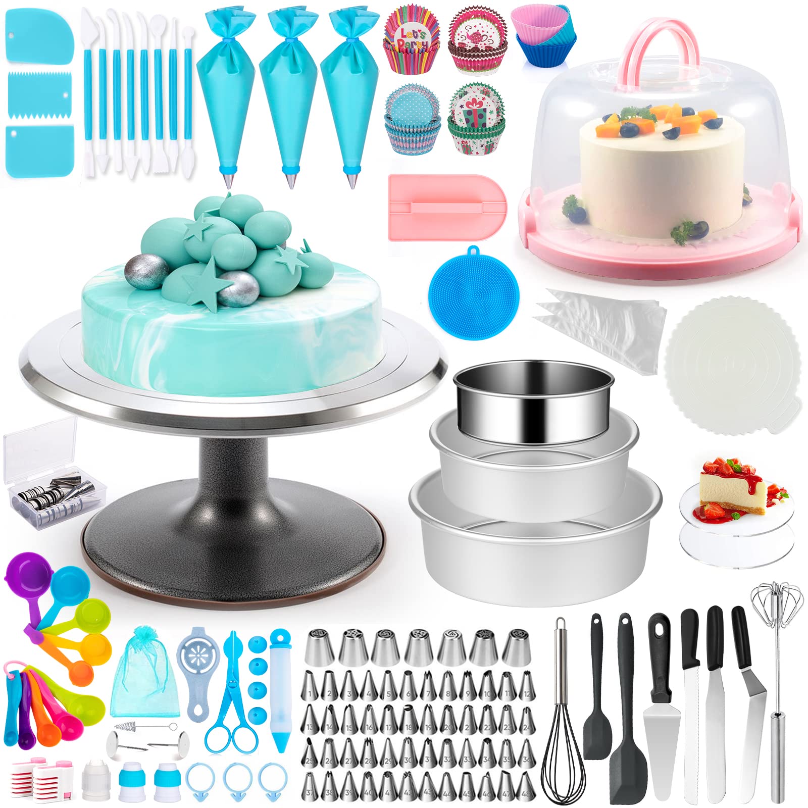 Photo 1 of Aluminum Alloy Revolving Cake Stand & Carrier - 268PCS Kit with 54 Piping Tips, Acrylic Cake Discs, Various Spatulas