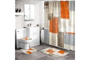 MitoVilla 4 Pcs Orange Ombre Shower Curtain Sets with Rugs for Bathroom Decor, Abstract Grey Bathroom Sets with Shower Curtain and Rugs and Accessories, Rustic Grunge Bathroom Curtain Set with Mats